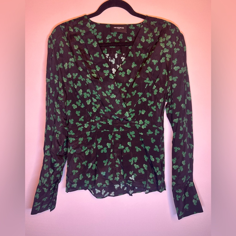 The kooples black and green V-neck silk blend blouse - size XS